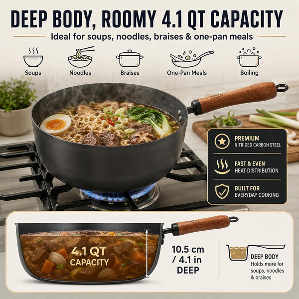 4 Qt Nitrided Carbon Steel Deep Wok with Lid, Flat Bottom | Deep 4 Qt Nitrided Steel for Braising, Soups, Noodles and One-Pot Meals; Wooden Handle; Gas, Electric and Induction Ready.3