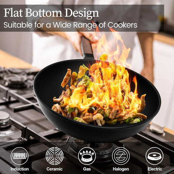 Carbon Steel Wok, 13-Inch, Pre-Seasoned, Non-Stick, with Lid and Spatula, Flat Bottom, Ideal for Stovetop Cooking2