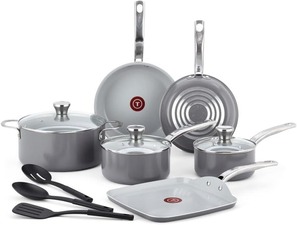 Fresh Gourmet Recycled Ceramic Non Stick Cookware Set 12 Piece, Oven Broiler Safe 500F, Lid Safe 350F, Kitchen Cooking Set W/Fry Pans, Saucepans, Dutch Oven, Utensils, Pots and Pans Set, Grey1