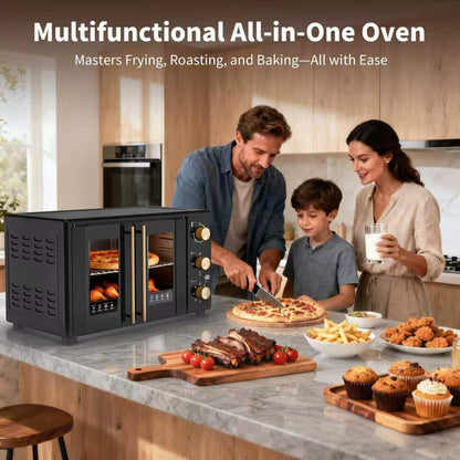 French Door Electric Knob Oven,35 QT Extra Large Oven，18-Slice Convection Oven3-Control Knobs, Bake Broil Toast Grilled Meat Keep Warm, Black Metal,Equipped with a Tray and a Rack.3