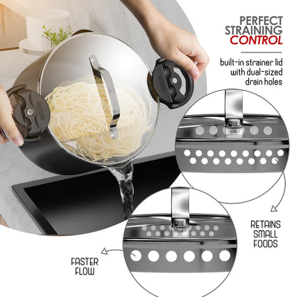 Pasta Pot with Strainer Lid - 5 Quart Multipurpose Stock Pot, Simmer Spaghetti Pot with Pasta Strainer Lid - Twist & Lock Handles, Nonstick Ceramic Stainless Steel Pot, Tempered Glass Lid Black3