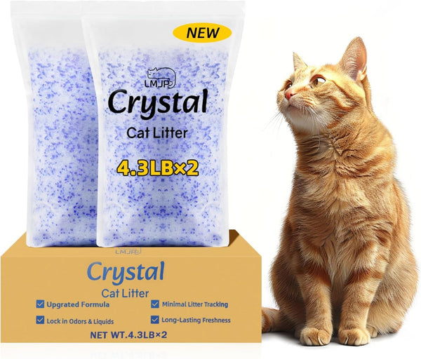 LMJP Crystal Cat Litter with Powerful Odor Control, Non-Clumping, Lasts up to 4 Months, 17.2Lb, Rapid Water Absorption, Unscented & Low Tracking Lightweight Blue & White Silica, 4 Pack of 4.3Lb10