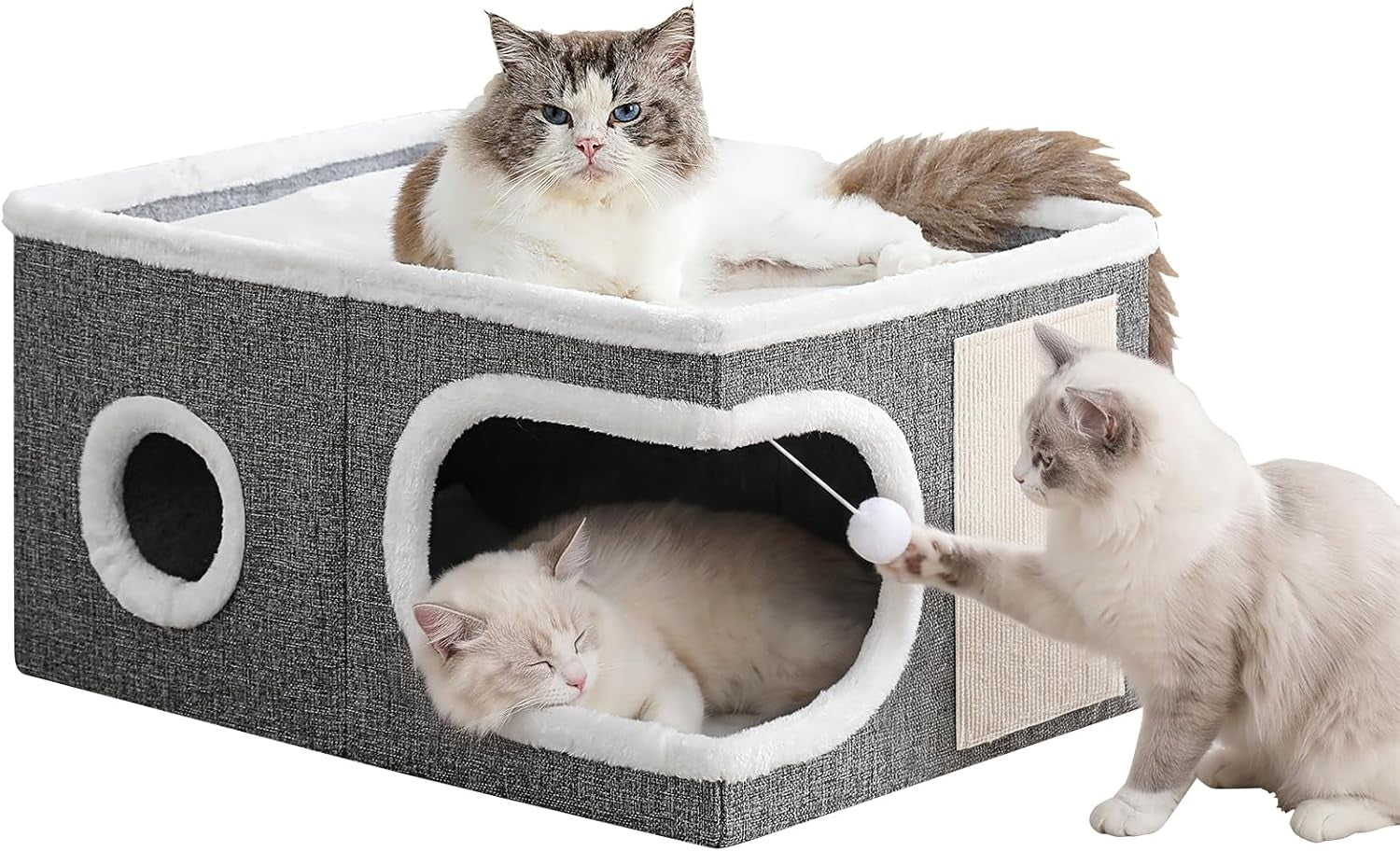 cat-houses-for-indoor-cats-large-covered-cat-cave-beds-furniture-with-scratch-pad-and-fluffy-ball-foldable-cat-hideaway-for-kitten-16x16x13-inches-grey