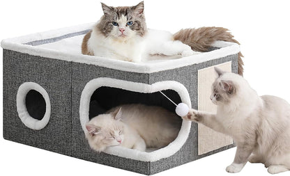 Cat Houses for Indoor Cats, Large Covered Cat Cave Beds & Furniture with Scratch Pad and Fluffy Ball,Foldable Cat Hideaway for Kitten,16X16X13 Inches, Grey9