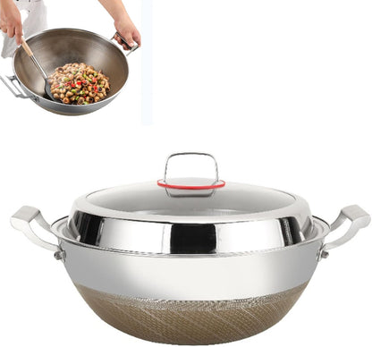 Titanium Hammered Wok with Double Handles, 2026 New Frying Pans Nonstick, Non-Stick Wok, Scratch-Resistant Non Stick Titanium Pans for Cooking,With Lid,14.17In1