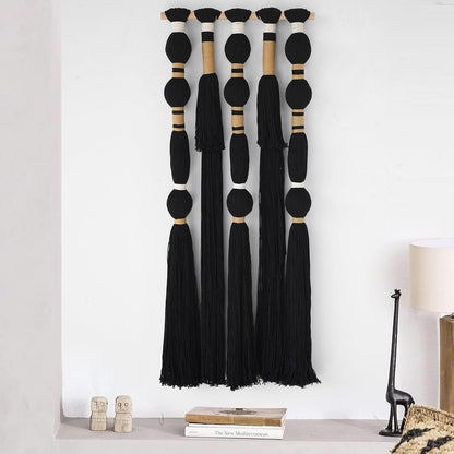 Macrame Wall Hanging Black Spherical Tassel Geometric Wall Art 15.7"W*39"L | Black Wall Art, Boho Style Piece, Modern Home Accent, Bedroom Hanging Decor, for Living Room, Apartment Interior Touch3