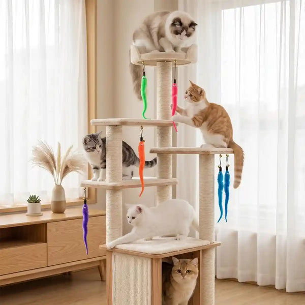 Kuuguu 24 PCS Cat Worm Toy Replacement Teaser with Bell Refills Indoor Cat'S Interactive Wand and Catch Wand Soft Squiggly Worm Teaser Refills Attachment Interactive Catch Toy Accessories （6 Color）6