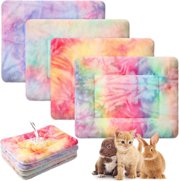 Haull 4 Pcs Waterproof Guinea Pig Bedding Soft Dog Cat Bed Crate Mat Small Animal Plush Cage Liners Rabbit Bunny Kennel Pad Reversible Cozy Pee Thickened Hamster Pad(Tie Dyed,13 X 10 Inch)7
