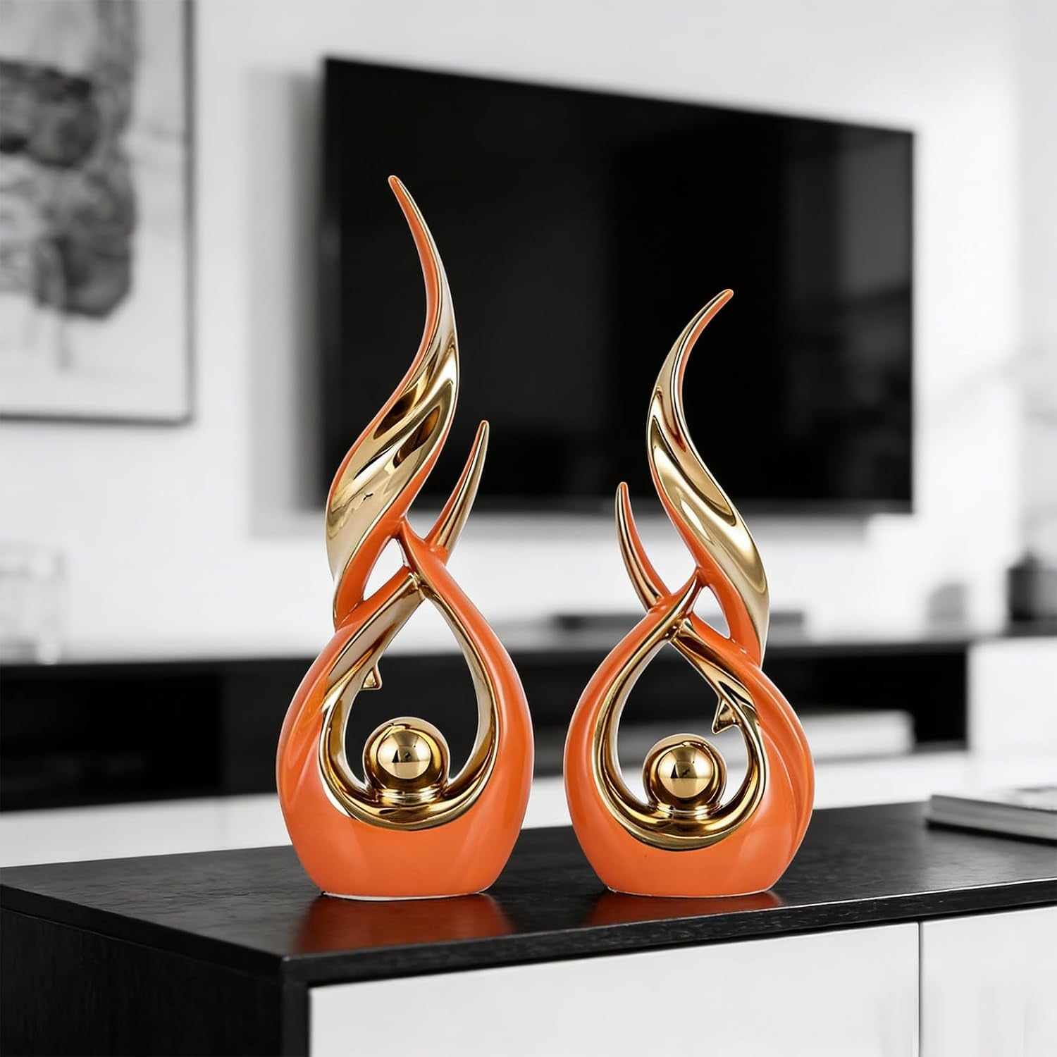 2-pcs-orange-gold-ceramic-statues-for-home-decor-accents-modern-abstract-art-sculptures-elegant-tabletop-decorative-objects-for-dining-room-entryway-tv-stand-mantel-coffee-table-centerpieces