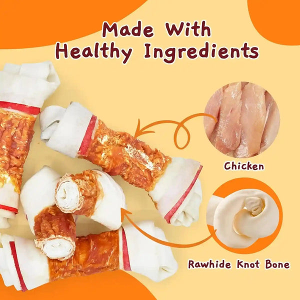 Jungle Calling Chicken Wrapped Rawhide Knot Bones, Long Lasting Dog Chews | 6.5 Inch Rawhide Bones for Medium & Large Dogs, High Protein Beefhide Training Dog Treats, Teeth Cleaning, 10.6 Oz3