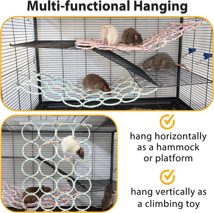Rat Climbing Rope Net Toy for Cage, Hanging Swing Toy (Random Color) | Multifunctional Small Pet Activity Toy Works as Hemp Perch, Rope Ladder, Bridge and Hammock for Rats, Birds to Climb and Rest3