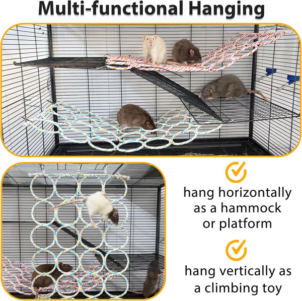 Rat Climbing Rope Net Toy for Cage, Hanging Swing Toy (Random Color) | Multifunctional Small Pet Activity Toy Works as Hemp Perch, Rope Ladder, Bridge and Hammock for Rats, Birds to Climb and Rest3