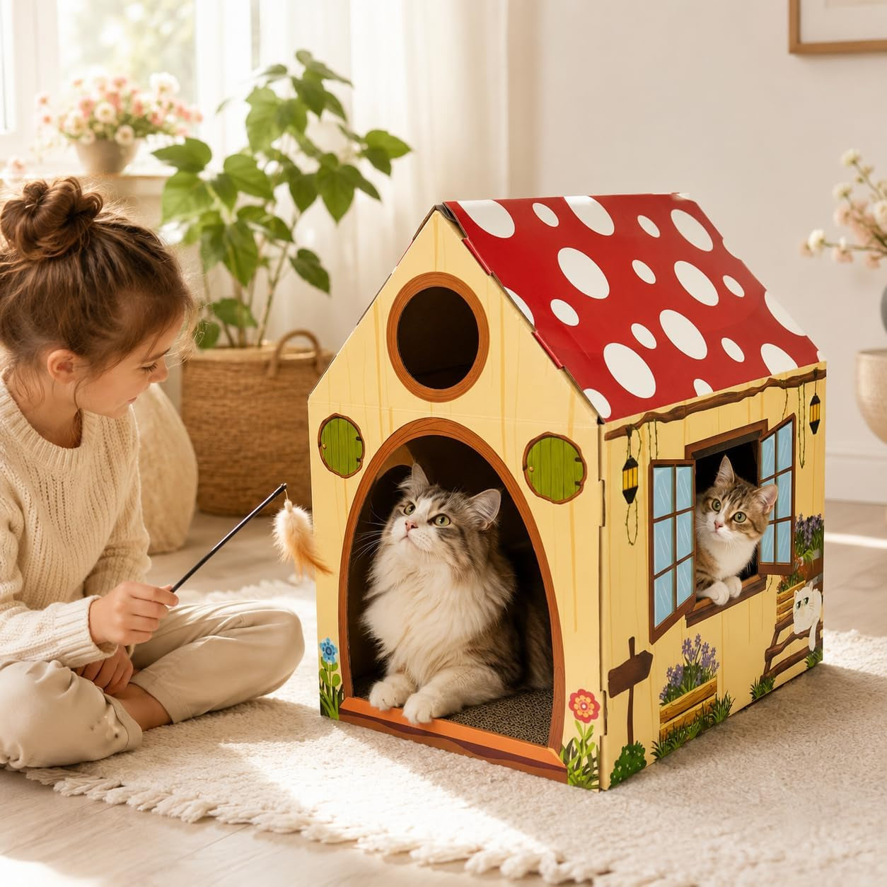 cinrobiye-cardboard-cat-house-with-scratcher-indoor-cat-condo-cat-cave-hideout-with-scratch-pad-cardboard-cat-playhouse-bed-for-cats-kittens-rabbits-small-pets-mushroom