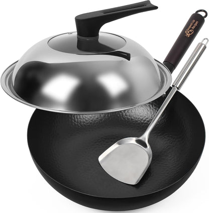 13.4 Inch Carbon Steel Wok for Electric, Induction and Gas Stoves (Lid, Spatula and User Guide Video Included)1