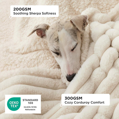 Bedsure Comfyfleece™ Waterproof Dog Blankets for Large Dogs,50X60 Cream | Soft Plush Couch Cover,Washable Corduroy Fleece for Furniture Protector,Cozy Calming Reversible Pet Blanket for Senior Dogs3