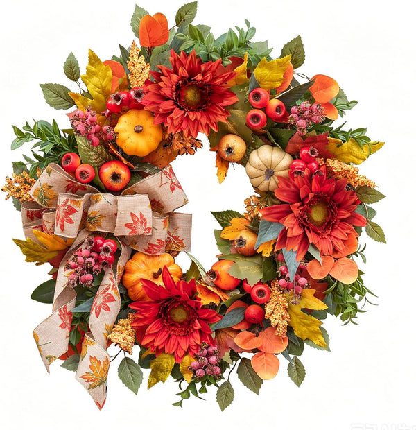 Fall Wreaths for Front Door 24 Inch Autumn Wreath Rustic Fall Decor | Autumn Wreath with Artificial Pomegranates, Sunflowers and Berries Fall Door Wreath for Outdoor or Indoor Use Autumn Wreaths8