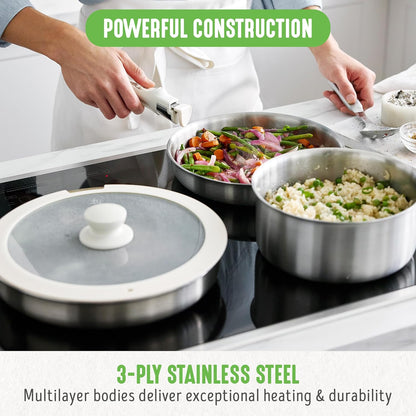 10 Piece Stainless Steel Pots and Pans, Detachable & Stackable Kitchen Set, Tri Ply Clad PFAS Free Cookware, Space Saving with Removable Handle, Induction & Oven Safe, RV Cookware, Glass Lid2