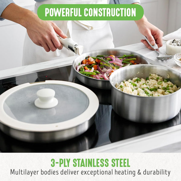 10 Piece Stainless Steel Pots and Pans, Detachable & Stackable Kitchen Set, Tri Ply Clad PFAS Free Cookware, Space Saving with Removable Handle, Induction & Oven Safe, RV Cookware, Glass Lid2