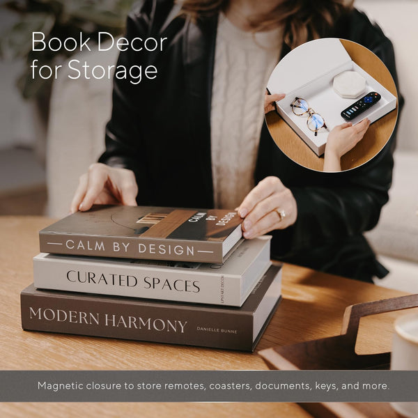 Modern Decorative Books Set of 3, Brown & Cream Faux Books with Storage | Large Fake Book Boxes to Store Remotes Mid-Century Book Decor for Coffee Table, Mantle, Shelf or Entryway as Fall Decoration2