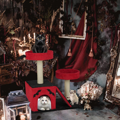 VINGLI 27.6In Gothic Cat Tree with Spacious Cat Condo & 2 Padded Perches, Red & Black Cat Tower with Scratching Ladder, Sisal Posts & Spider Toy for Large Cats3