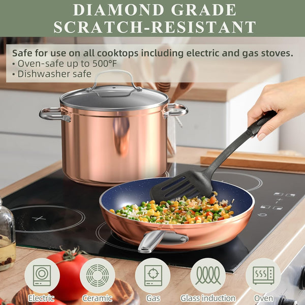 9Pc Cookware Set Healthy Duralon Blue Ceramic Nonstick Coated | Diamond Infused Scratch-Resistant, PFAS Free, Oven Safe, Induction Ready, Evenly Heats, Tempered Glass Lids, Stay-Cool Handle5