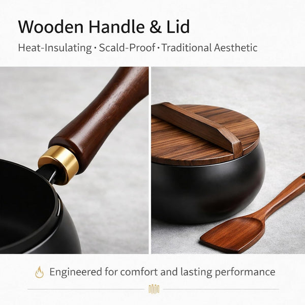2026 NEW Uncoated Thick Iron Pot with Lid, Japanese Cast Iron Pan, Multifunctional Non-Stick Cast Irons Wok for Cooker Gas Stir Fry Pans (With Wooden Lid, 8 In)3