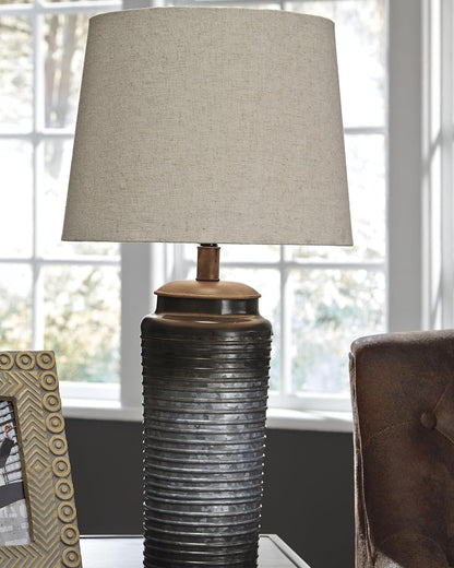 Signature Design by Ashley Norbert Living Room Table Lamp Set of 2, Gray | Galvanized Metal with Ribbed Ombre Finish, Medium Fabric Hardback Shade, Supports up to 150 Watts, Living Room Placement2