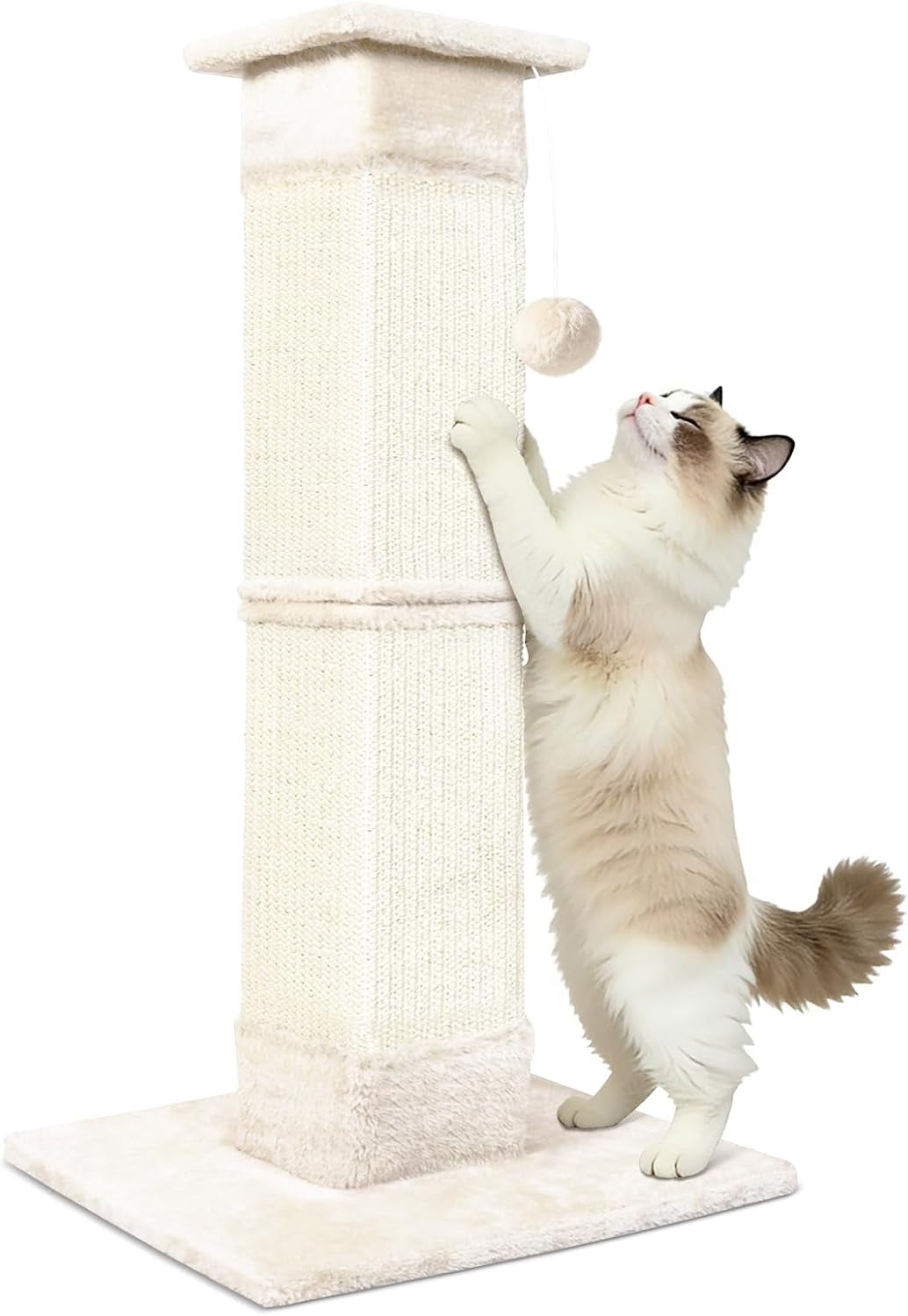 cat-scratching-post-33-inch-for-indoor-cats-sisal-cat-scratcher-vertical-posts-with-dangling-ball-high-cat-scratch-post-cat-tree-for-full-body-stretching-protect-your-furniture-beige-white