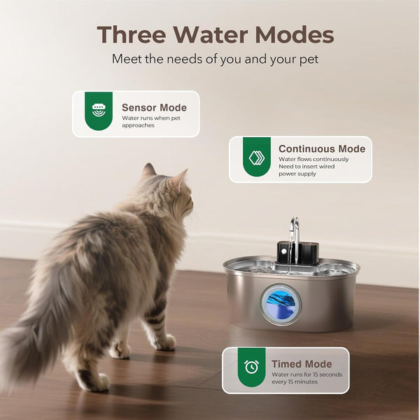 PEKTACO Wireless Cat Water Fountain, 108Oz/3.2L Stainless Steel, 3 Filters | 3 Smart Modes, 25 Db Quiet Pump, Multi-Layer Filtration, Bpa-Free Parts, Dishwasher-Safe Bowl, Easy-Clean for Daily Use7