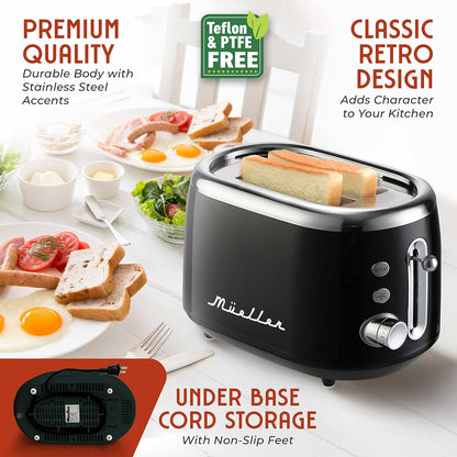 MUELLER HOME Retro Toaster 2 Slice, 7 Browning Levels | 3 Functions (Reheat, Defrost, Cancel), Stainless Steel Features, Removable Crumb Tray, under Base Cord Storage,5