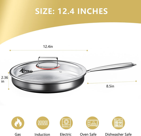 Tri-Ply Stainless Steel Frying Pan, Compatible with All Cooktops up to 600℉, Large Frying Pan with Lids, Induction-Ready Skillet, Dishwasher and Oven Safe, Even Heat (12.4 Inch)2