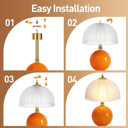 Mushroom Table Lamp, Ceramic Bedside Lamp with Glass Shade, 3-Way Lighting (2700K-5000K) Rocker Switch, Small Nightstand Lamp for Bedroom, Living Room, Office, Orange7