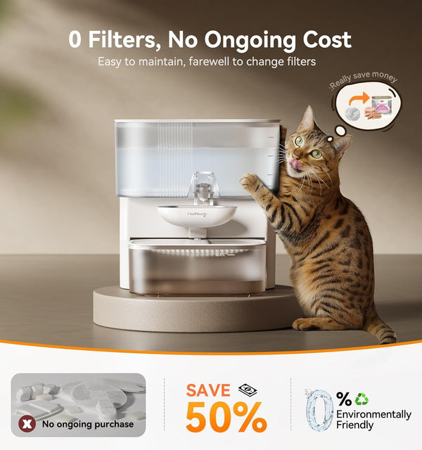 Wireless Cat Water Fountain No Filters, Wastewater Separation, FEELNEEDY Stainless Steel Bowl, 3.5L Pet Water Fountain for Cats & Dogs Dispenser, White3