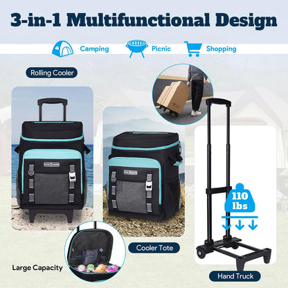 Cooler with Wheels and Handle, 80 Cans/50L Rolling Cooler, Portable Soft Sided Cooler with Wheel, 2-In-1 Collapsible Trolley Cart, Large Coolerbag for Grocery Shopping2