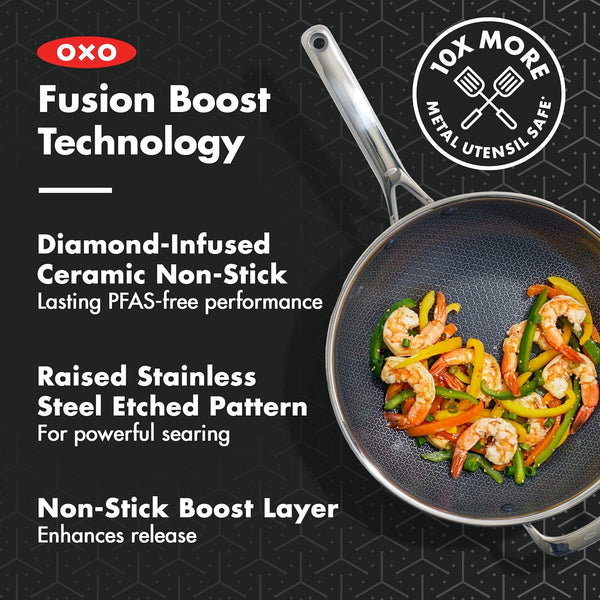 OXO Hybrid 12” Nonstick Wok with Glass Lid, Pfas-Free Ceramic Stir-Fry Pan, Induction & All Cooktop Compatible, Dishwasher Safe, Fusion Boost Tech for Powerful Searing, Mirror Polished Tri-Ply3