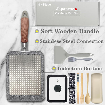 9Pcs Tamagoyaki Pan Set, Japanese Omelette Pan Nonstick with Lid, Square Japanese Egg Skillet Rectangle 7"X5" Grey3