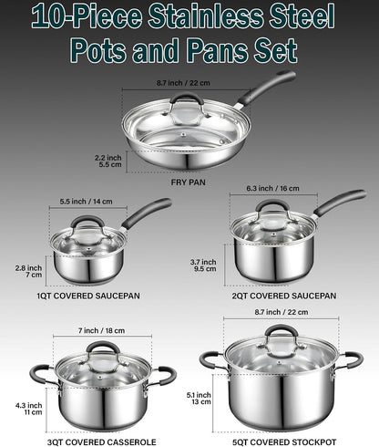 Professional Stainless Steel Cookware Set, 10-Piece | Pots and Pans Kitchen Cooking Set with Stay-Cool Handles, Induction Ready, Oven & Dishwasher Safe,2