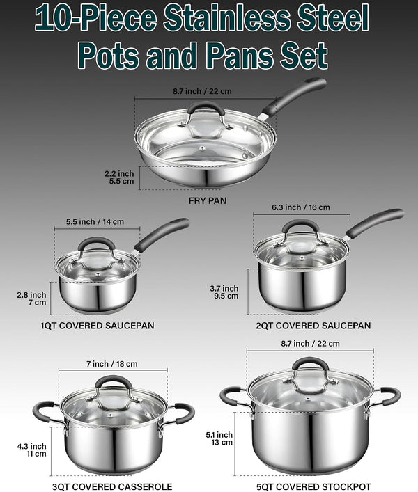 Professional Stainless Steel Cookware Set, 10-Piece | Pots and Pans Kitchen Cooking Set with Stay-Cool Handles, Induction Ready, Oven & Dishwasher Safe,2