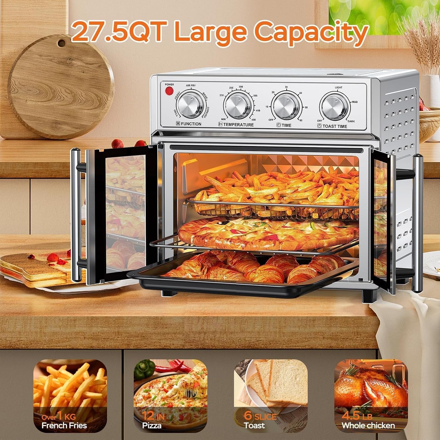 plumchef-27-5-quart-extra-large-6-slices-air-fryer-convection-toaster-oven-french-door-1700w-multifunction-oven-for-air-fryer-toast-grill-defrost-bake-stainless-steel