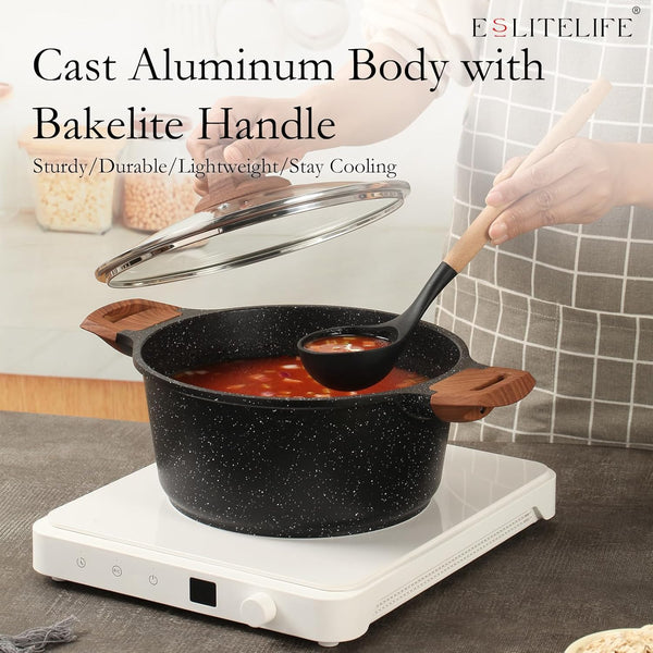 Nonstick Cookware Sets, 9 Pcs Granite Coating Pots and Pans Set Kitchen Cooking Set, Compatible with All Stovetops (Gas, Electric & Induction), PFOA Free, Black5