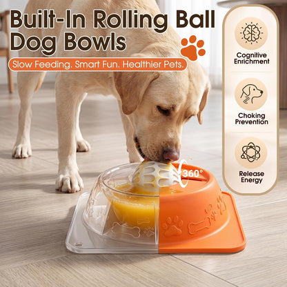 Slow Feeder Dog Bowls, Anti-Slip Dog Lick Bowl with Interactive Rolling Ball, Anxiety Relief Liquid Treat Feeder, Bone Broth Yogurt Licking Toy for Small Medium Large Dogs and Cats(Orange)2