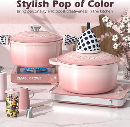 5QT Enameled Cast Iron Dutch Oven Pot with Lid, Heavy-Duty Cookware for Bread Baking, Braising, Stews, Roasting, Wedding Registry Ideas & Gifts (Pink)7