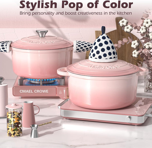 5QT Enameled Cast Iron Dutch Oven Pot with Lid, Heavy-Duty Cookware for Bread Baking, Braising, Stews, Roasting, Wedding Registry Ideas & Gifts (Pink)7