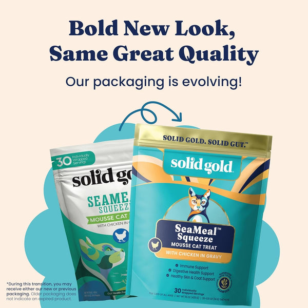 Solid Gold Lickable Cat Treats - Limited Ingredient Chicken Seameal™ Squeezable Healthy Cat Treats for Indoor Cats - Snack & Topper Squeeze Ups for Cats W/Seaweed for Gut & Immune Support - 3Oz/30Ct4