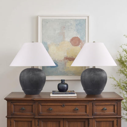 21'' Large Gray Base Ceramic Basin Table Lamp Set of 2 for Bedroom, Living Room, Dining Room, Office, White Shade,White Smudged Black Base8