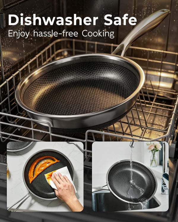 10 Inch Nonstick Frying Pan with Lid, Honeycomb Hybrid Stainless Steel Skillet, Tri-Ply Induction Compatible, Non Toxic Frying Pan, Oven Safe, Dishwasher Safe, Silver8