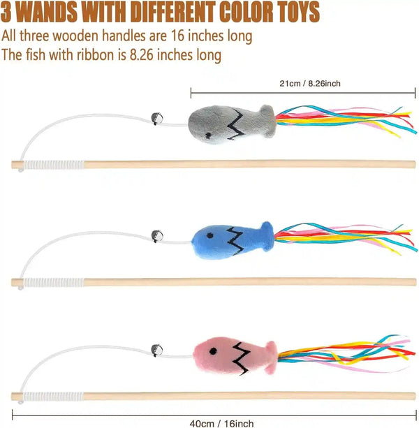 Natural Wood Cat Wand Toy with Ribbon Fish Teaser - 3Pcs, 16 Inch, Indoor Cat Exerciser & Playing Kitten Toy, Bonus 5Pcs Catnip Sticks for Teeth Cleaning2