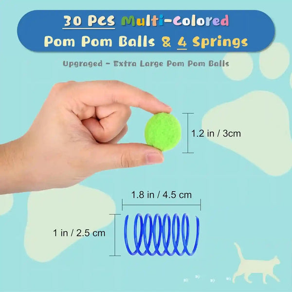 30 Pcs Premium Silent Cat Pom Pom Balls, Interactive Lightweight Assorted Colors Fuzzy Toy Balls (1.2 Inches), with 4 Pcs Cat Spring Toy for Indoor Kitten Playing Exercising5