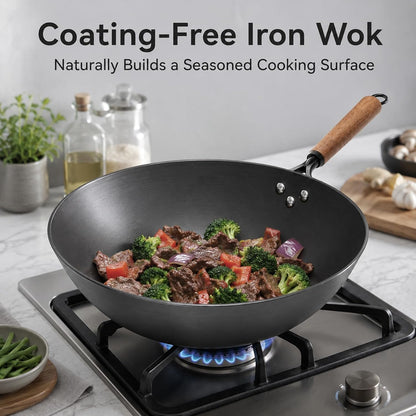 Carbon Steel Wok with Glass Lid, 12.6 Inch Flat Bottom Stir Fry Pan, Rolled Edge Spun Wok Pan, Coating-Free Wok for Induction, Gas & Electric Cooktops, 3–4 Servings6