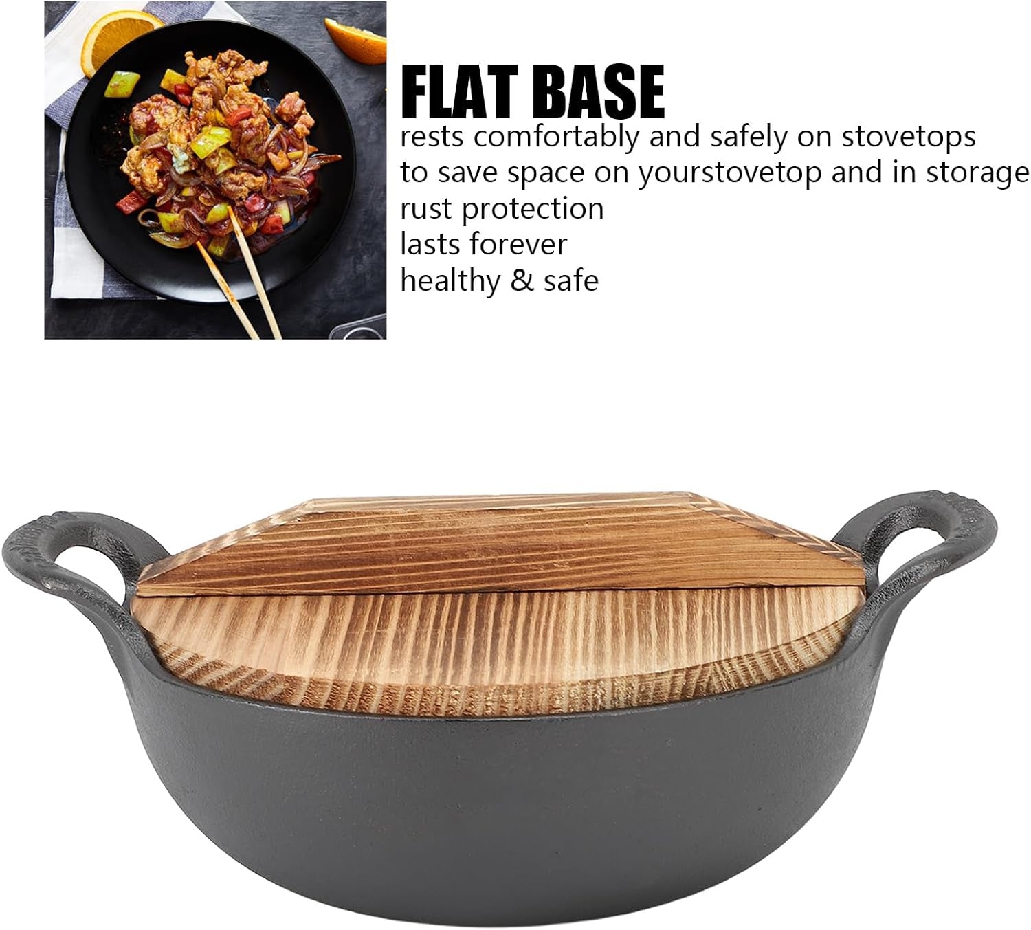 cast-iron-wok-with-2-handle-and-wooden-lid-seasoned-cast-iron-wok-chinese-wok-deep-frying-pan-with-flat-base-uncoated-for-stir-fry-grill-steam-authentic-asian-chinese-food-25cm-9-8in